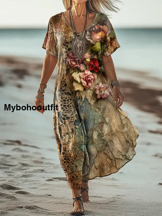 Vintage V-Neck Floral Art Print Elegant And Chic Loose Midi Dress A / S