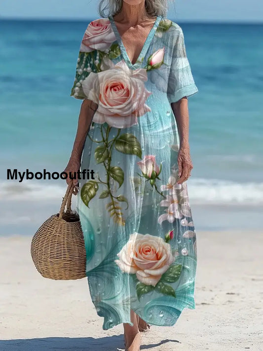 Vintage V-Neck Floral Art Print Elegant And Chic Loose Midi Dress A / S
