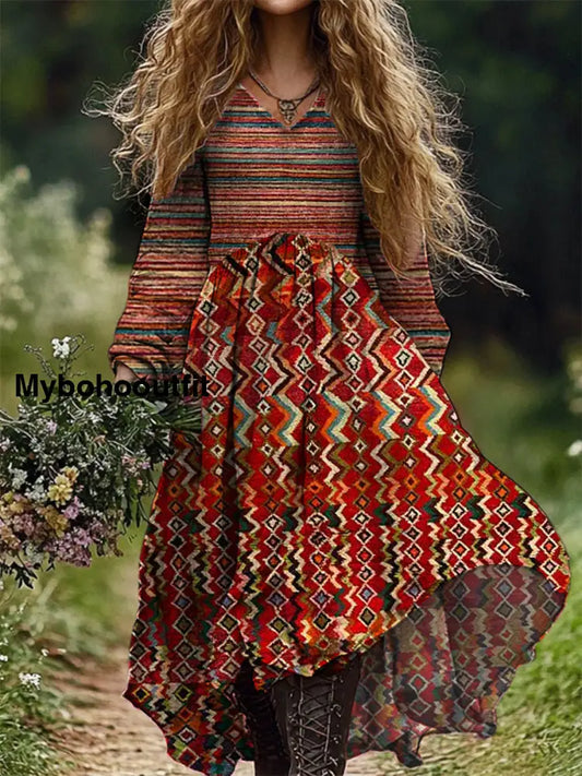 Vintage V-Neck Floral Art Print Elegant And Chic Loose Midi Dress A / S
