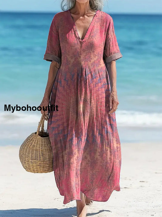 Vintage V-Neck Floral Art Print Elegant And Chic Loose Midi Dress A / S