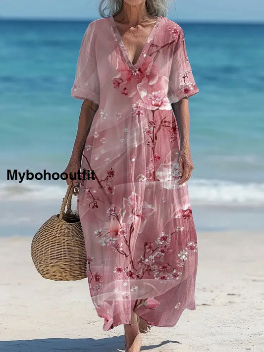 Vintage V-Neck Floral Art Print Elegant And Chic Loose Midi Dress A / S