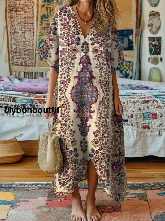 Vintage V-Neck Floral Art Print Elegant And Chic Loose Midi Dress A / S