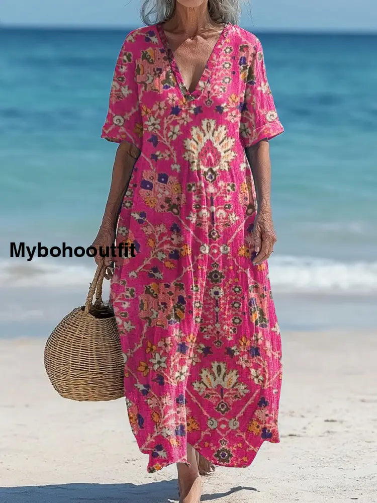 Vintage V-Neck Floral Art Print Elegant And Chic Loose Midi Dress A / S
