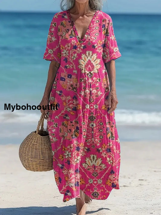 Vintage V-Neck Floral Art Print Elegant And Chic Loose Midi Dress A / S