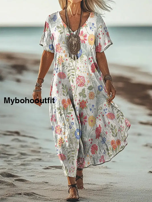 Vintage V-Neck Floral Art Print Elegant And Chic Loose Midi Dress A / S