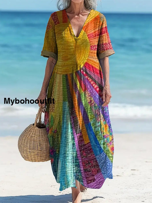 Vintage V-Neck Floral Art Print Elegant And Chic Loose Midi Dress A / S