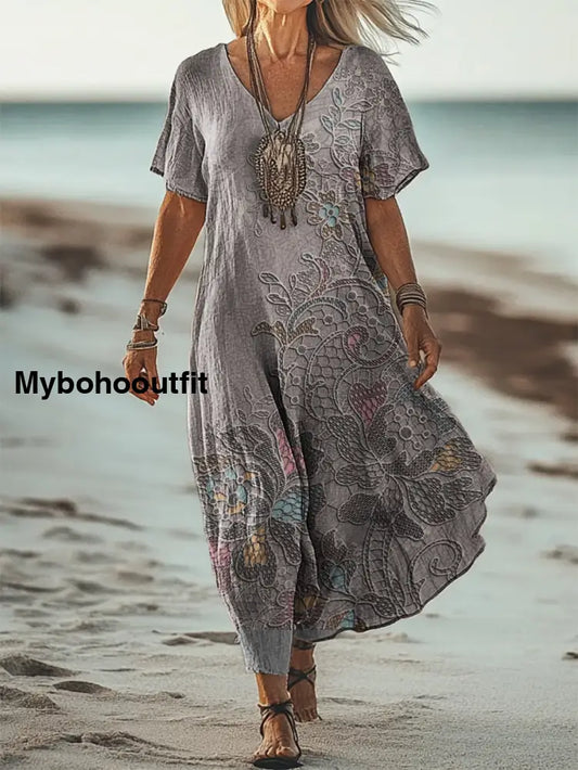 Vintage V-Neck Floral Art Print Elegant And Chic Loose Midi Dress A / S