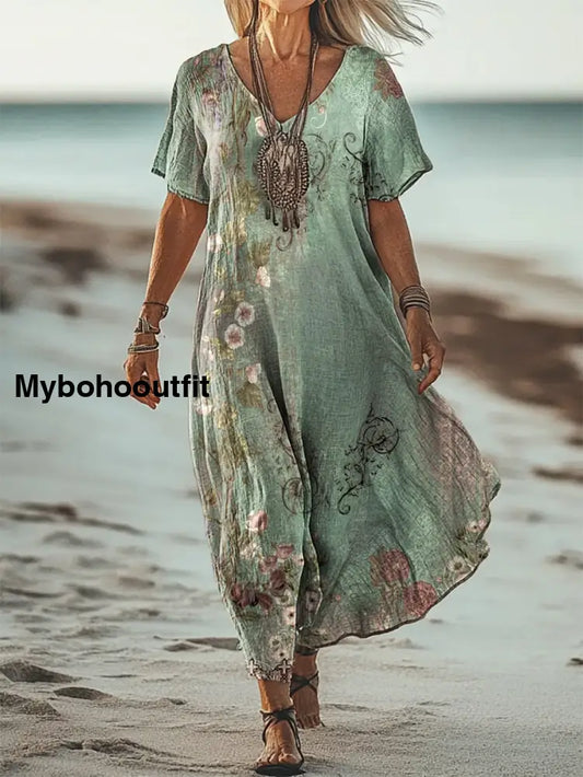 Vintage V-Neck Floral Art Print Elegant And Chic Loose Midi Dress A / S