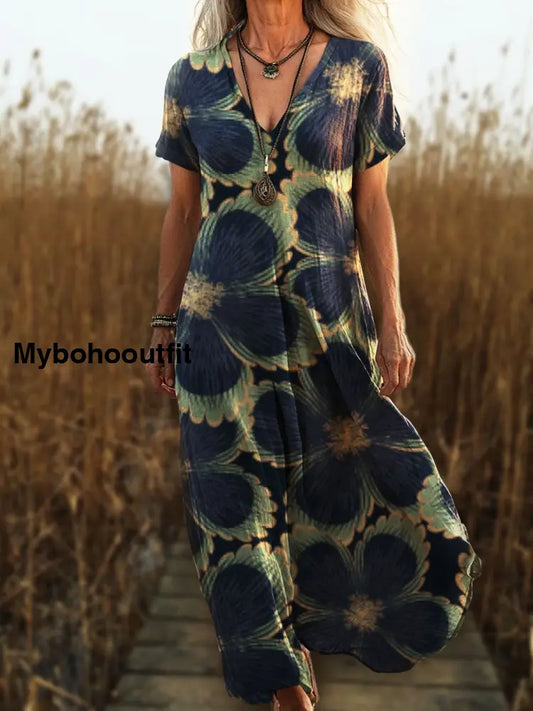 Vintage V-Neck Floral Art Print Elegant And Chic Loose Midi Dress A / S