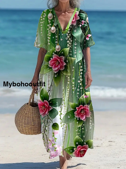 Vintage V-Neck Floral Art Print Elegant And Chic Loose Midi Dress A / S