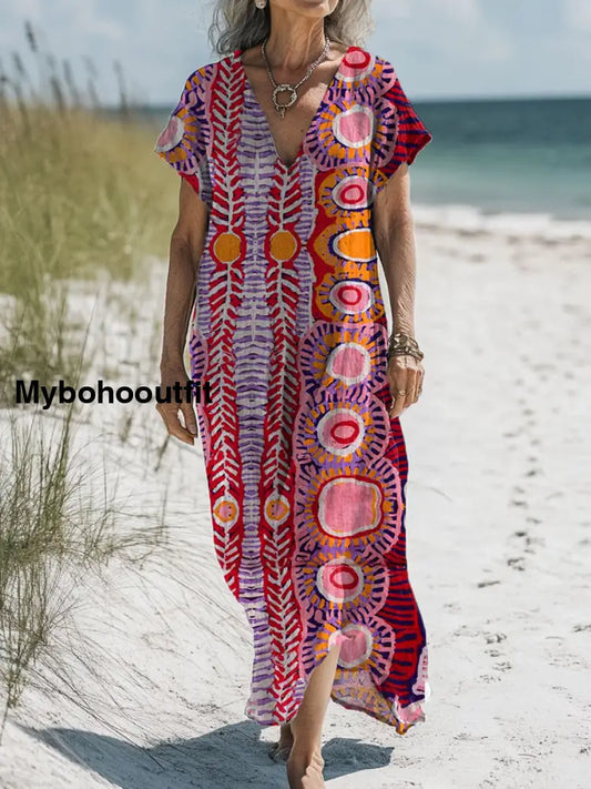 Vintage V-Neck Floral Art Print Elegant And Chic Loose Midi Dress A / S