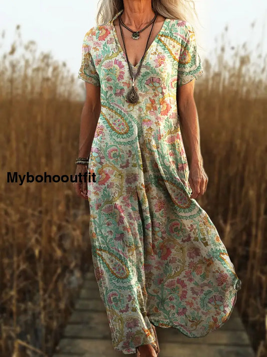 Vintage V-Neck Floral Art Print Elegant And Chic Loose Midi Dress A / S