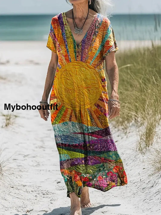 Vintage V-Neck Floral Art Print Elegant And Chic Loose Midi Dress A / S