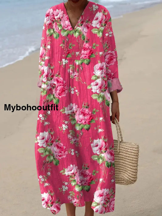Vintage V-Neck Floral Art Print Elegant And Chic Loose Midi Dress A / S