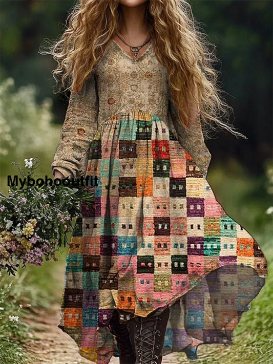 Vintage V-Neck Floral Art Print Elegant And Chic Loose Midi Dress A / S