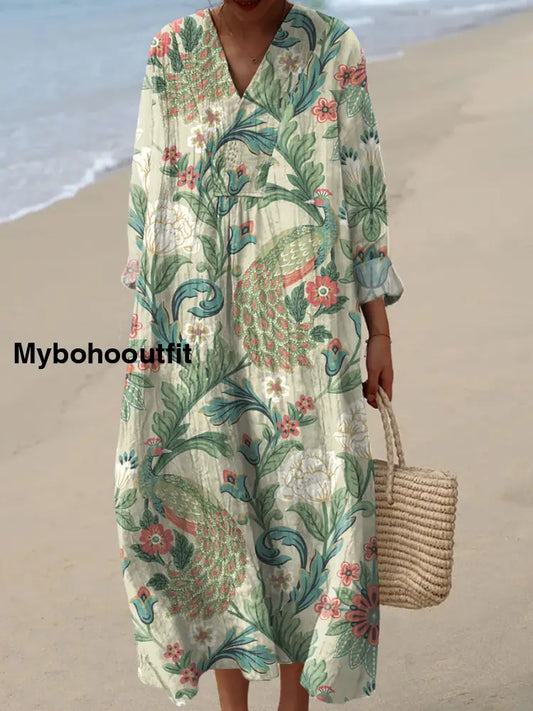 Vintage V-Neck Floral Art Print Elegant And Chic Loose Midi Dress A / S