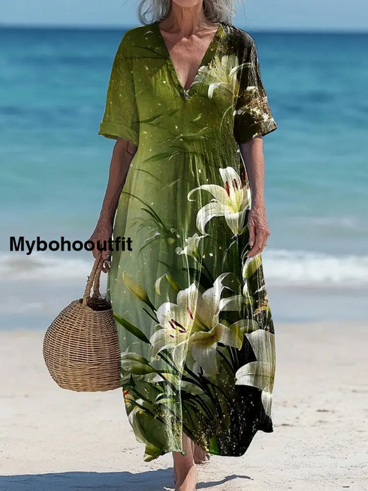 Vintage V-Neck Floral Art Print Elegant And Chic Loose Midi Dress A / S
