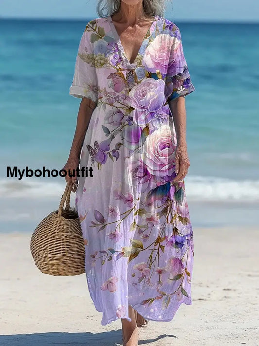 Vintage V-Neck Floral Art Print Elegant And Chic Loose Midi Dress A / S
