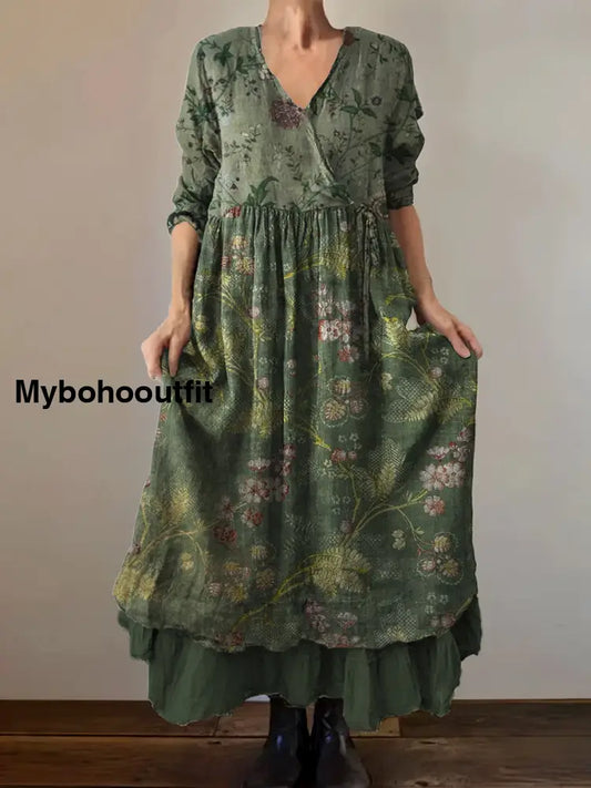 Vintage V-Neck Floral Art Print Elegant And Chic Loose Midi Dress A / S