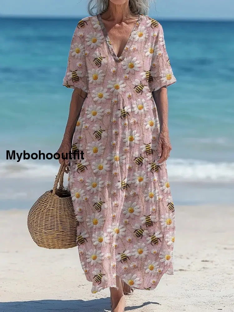 Vintage V-Neck Floral Art Print Elegant And Chic Loose Midi Dress A / S
