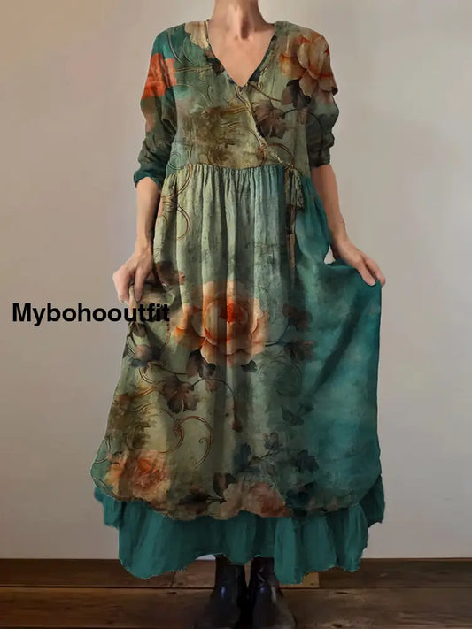 Vintage V-Neck Floral Art Print Elegant And Chic Loose Midi Dress A / S