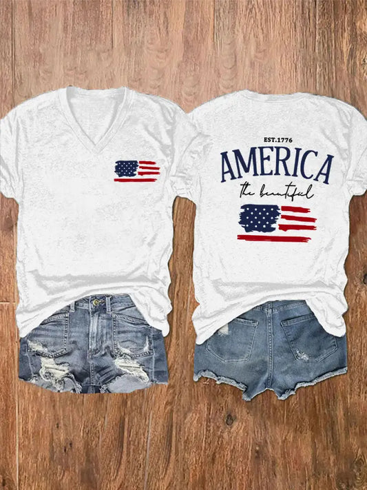 Women’s 4th Of July Printed V-neck T-shirt White / S