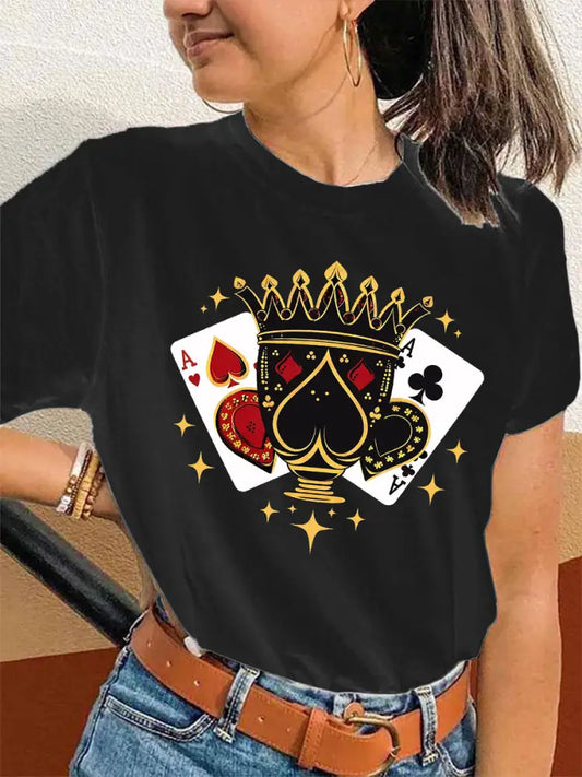Women’s Ace of Spades & Hearts Printed Casual T-Shirt Black / S