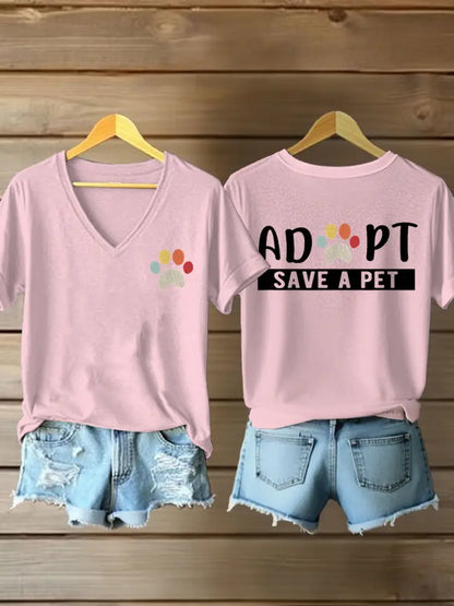 Women’s adopt save a pet V-neck T-shirts Light Pink / S
