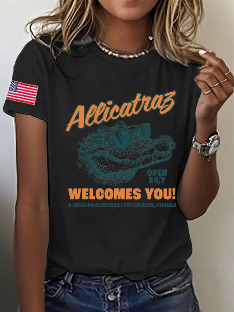 Women’s Alligator Alcatraz Funny Florida Everglades Dark Humor Printed T-shirt Black / S