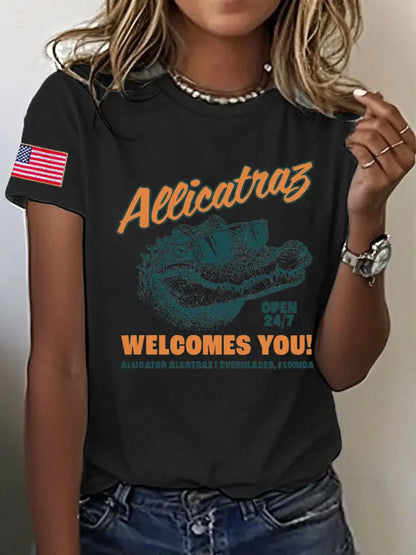 Women’s Alligator Alcatraz Funny Florida Everglades Dark Humor Printed T-shirt Black / S