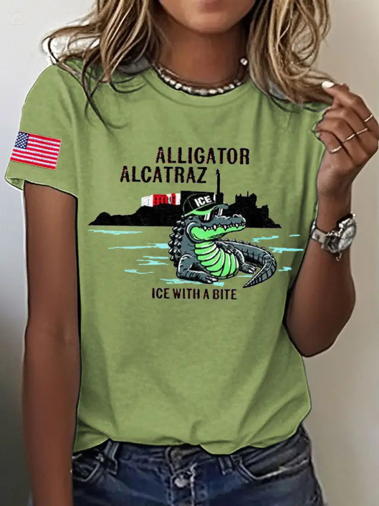 Women’s Alligator Alcatraz Funny Florida Everglades Dark Humor Printed T-shirt Green / S