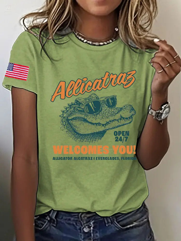 Women’s Alligator Alcatraz Funny Florida Everglades Dark Humor Printed T-shirt Green / S