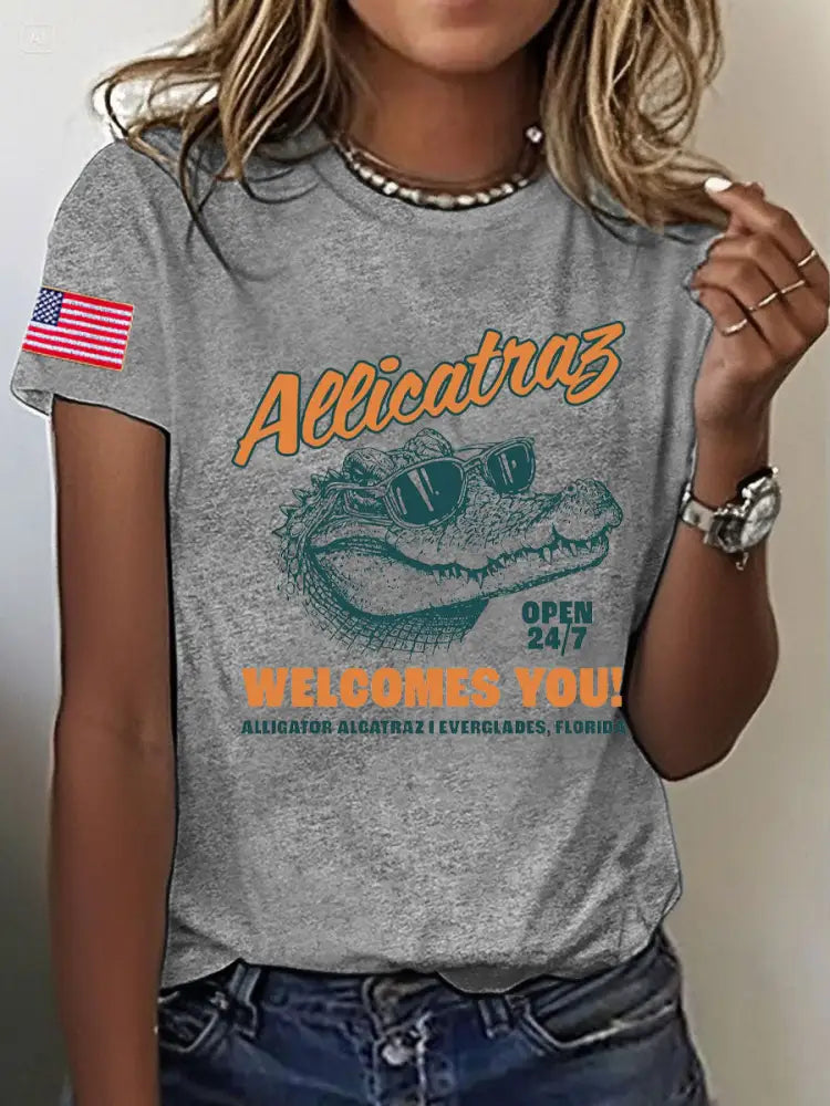 Women’s Alligator Alcatraz Funny Florida Everglades Dark Humor Printed T-shirt Light Gray / S