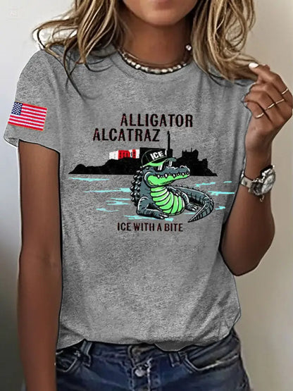 Women’s Alligator Alcatraz Funny Florida Everglades Dark Humor Printed T-shirt Light Gray / S