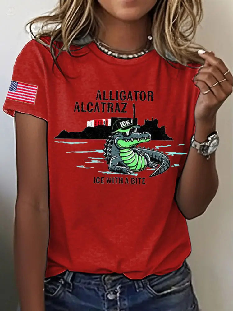 Women’s Alligator Alcatraz Funny Florida Everglades Dark Humor Printed T-shirt Red / S