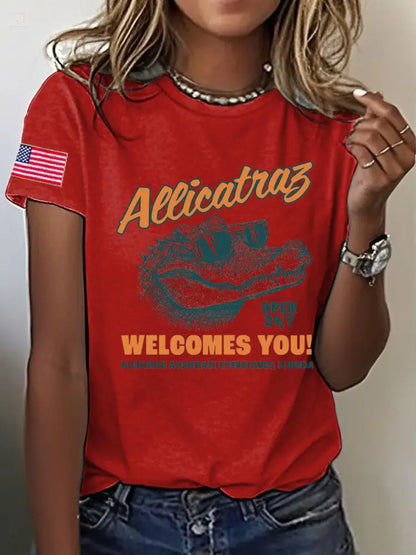 Women’s Alligator Alcatraz Funny Florida Everglades Dark Humor Printed T-shirt Red / S