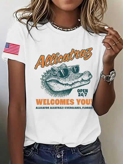Women’s Alligator Alcatraz Funny Florida Everglades Dark Humor Printed T-shirt White / S