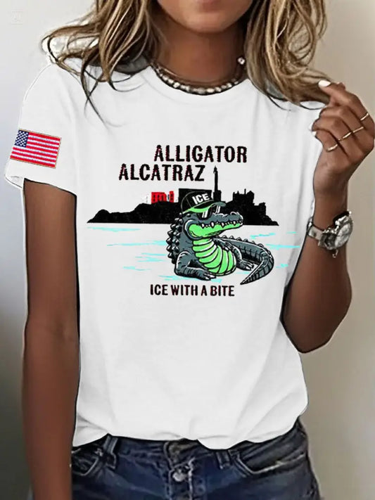 Women’s Alligator Alcatraz Funny Florida Everglades Dark Humor Printed T-shirt White / S