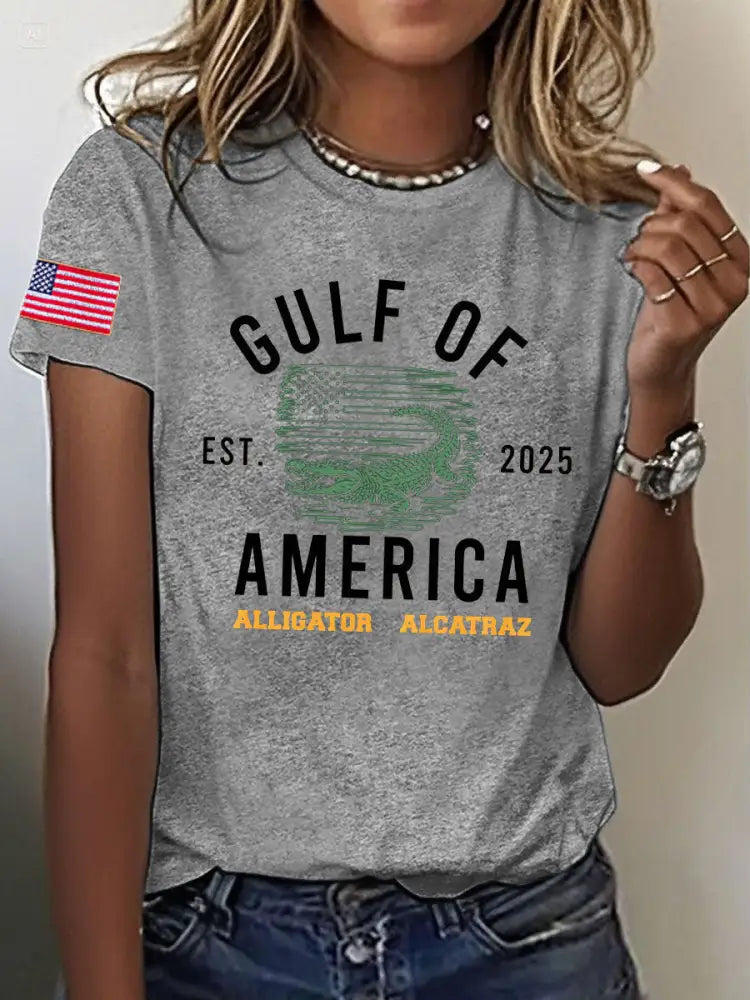 Women’s Alligator Alcatraz Gulf of America Printed T-Shirt Light Gray / S