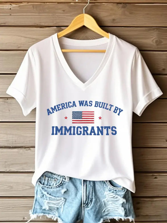 Women’s America Was Built By Immigrants Printed V-neck T-shirt White / S