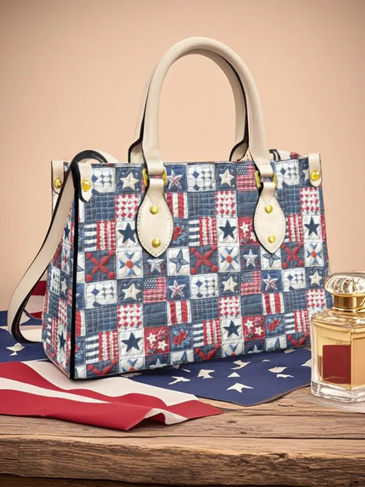 Womens American Flag Art Floral Leather Tote Shoulder Bag Creamy-White / JM