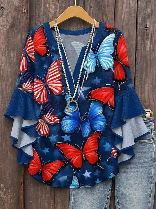Women’s American Flag Butterfly Print Casual T-Shirt As picture / S