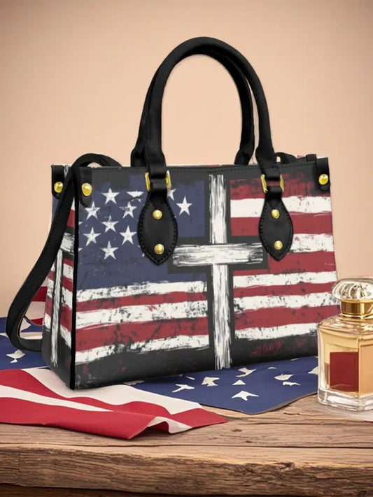 Women’s American Flag Cross Leather Tote Shoulder Bag Black / JM