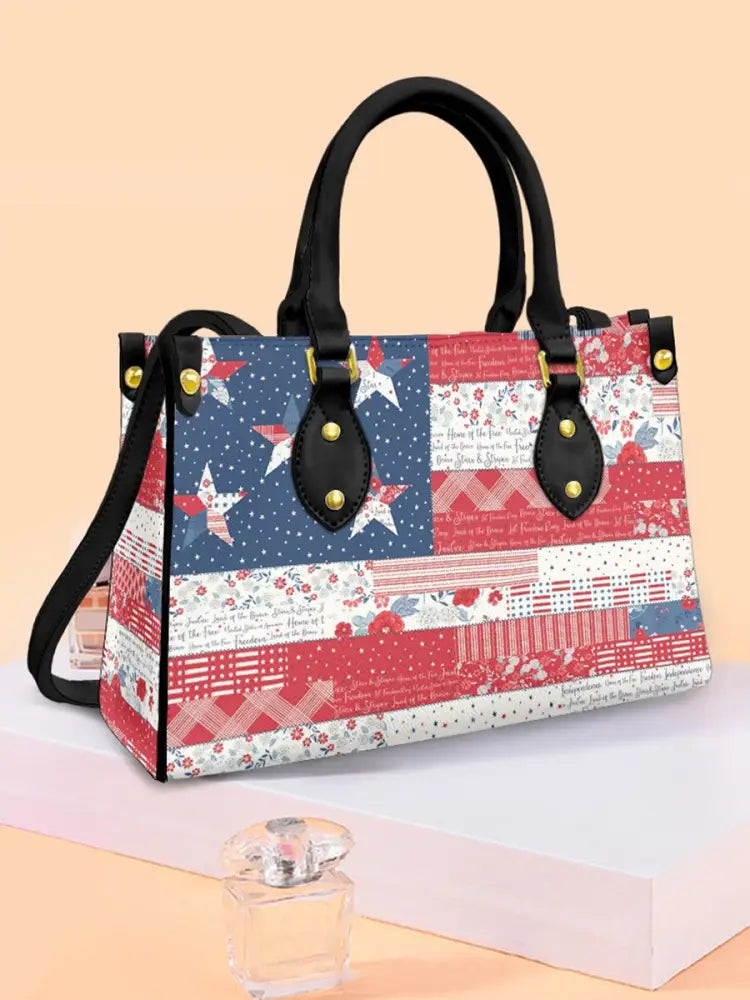 Womens American Flag Floral Leather Tote Shoulder Bag Black / JM