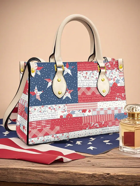 Womens American Flag Floral Leather Tote Shoulder Bag Creamy-White / JM