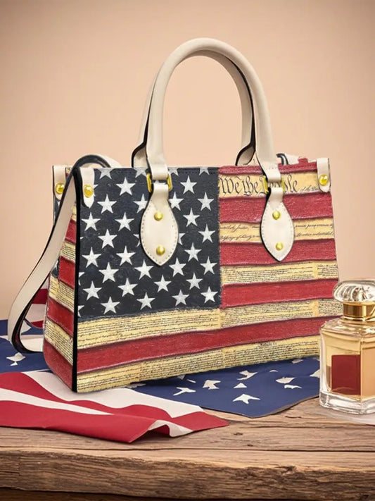 Women’s American Flag We The People Leather Tote Shoulder Bag Creamy-White / JM