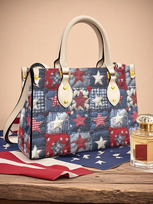 Women’s American Star Flag Art Leather Tote Shoulder Bag Creamy-White / JM