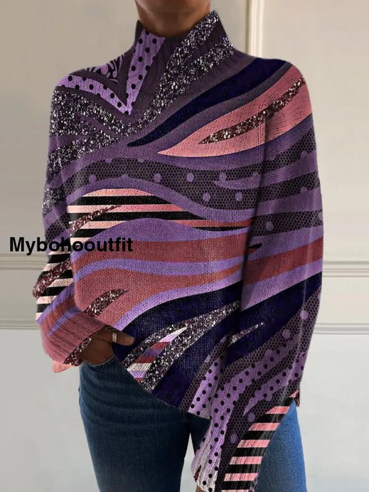 Women’s Art Print Chic V Neck Casual Sweater Pullover A / S