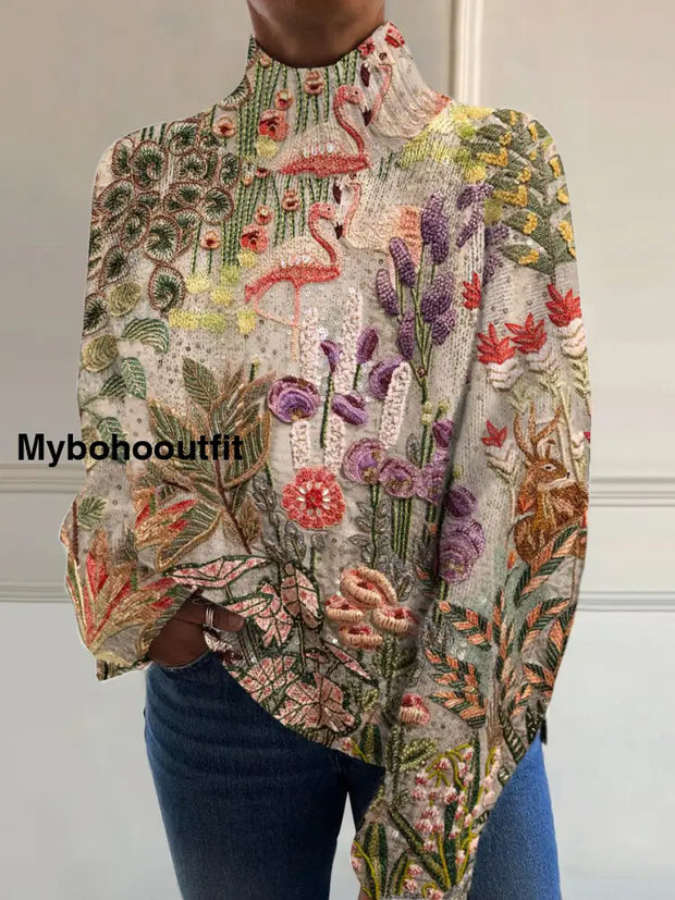 Womens Art Vintage Floral Print Casual Chic Sweater Pullover A / S