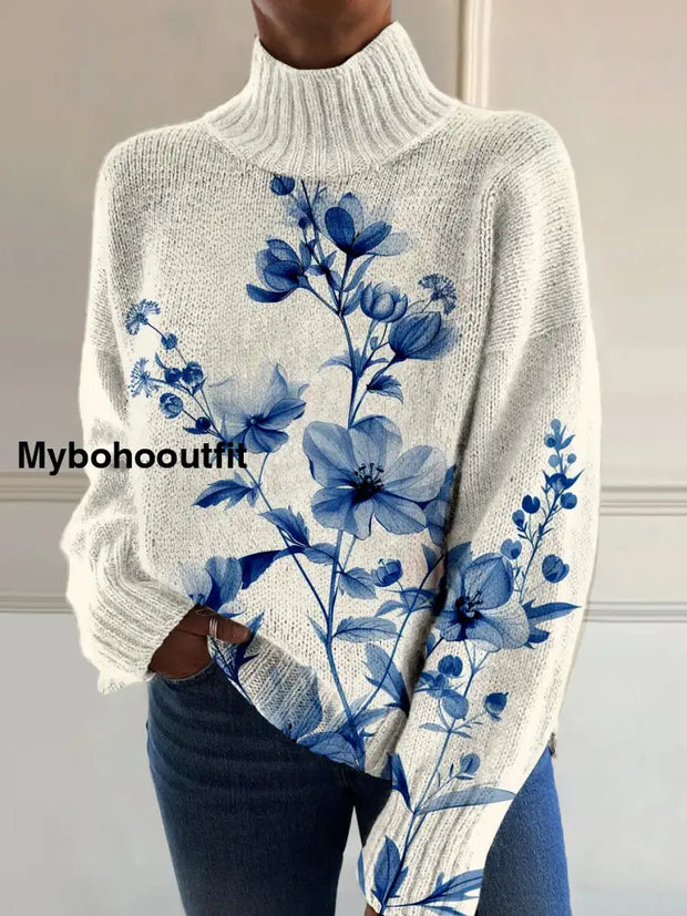 Womens Art Vintage Floral Print Casual Chic Sweater Pullover A / S